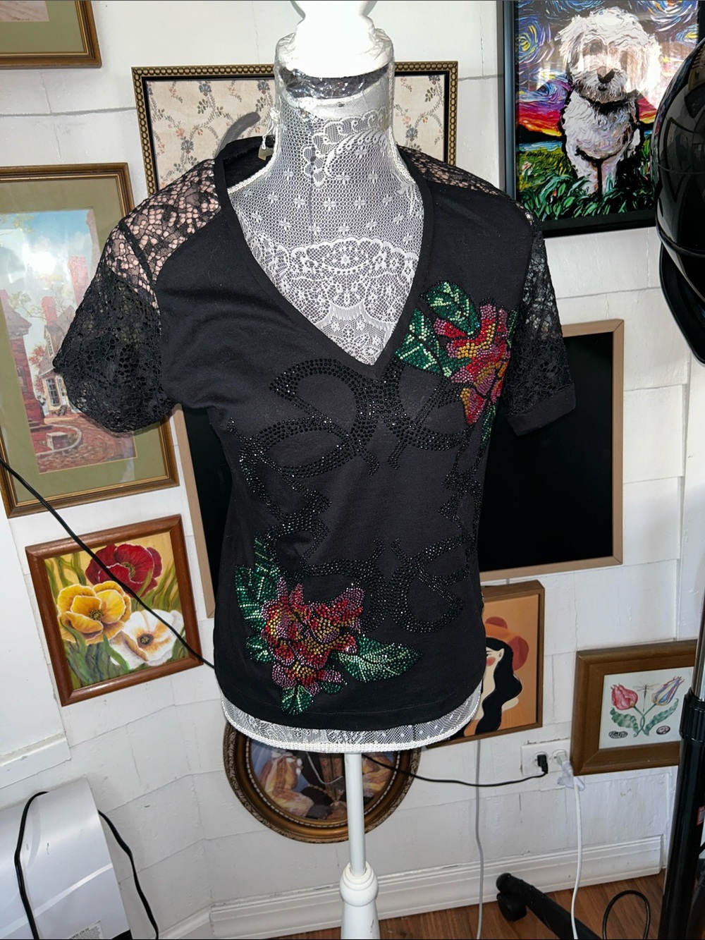 Elie Saab Black V-Neck Top with Lace Sleeves and Embroidered Floral Accents